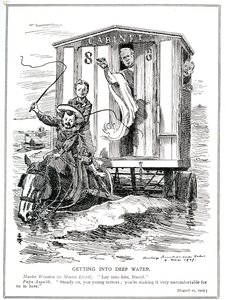 Prime Minister Asquith Restrains Lloyd George and Winston Churchill from Causing Alarm with Their Fiery Speeches in Support of Helping the Unemployed and the Introduction of a Minimum Wage, 1909 by Edward Linley Sambourne